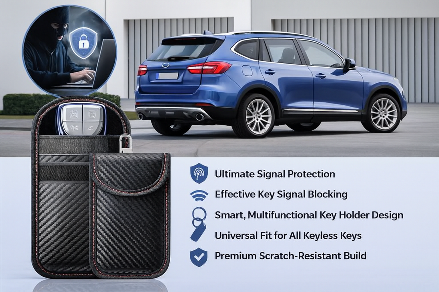 Faraday Pouch for Car Keys, Anti-Theft Signal Blocking Bag with Keychain, Car Key Signal Blocker Case for Key Fobs, Bank Cards & Digital ID (2 Pack)